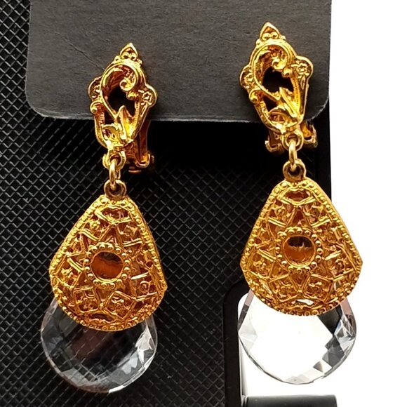 Gold Tone Filigree Clip-On Dangle Earrings Clear Faceted Teardrop Vintg-Inspired - Picture 2 of 9